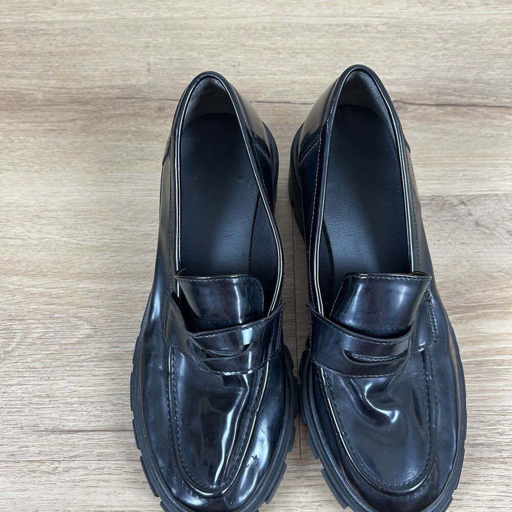 Y2K 7 Chunky Penny Loafers Black Shiny Chunky Heel Slip On Shoes - Picture 5 of 6